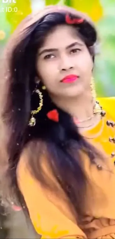 Portrait of woman in yellow dress with natural background