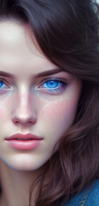 Close-up portrait of a woman with striking blue eyes and natural beauty.