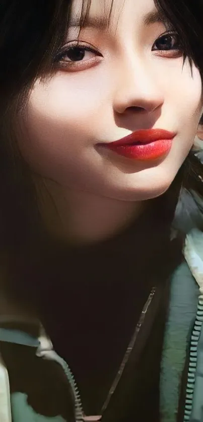 Close-up portrait of a woman with red lips and expressive eyes wallpaper.