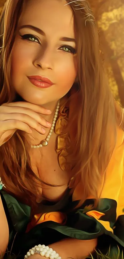 A serene woman with golden hair and pearls in stunning portrait wallpaper.