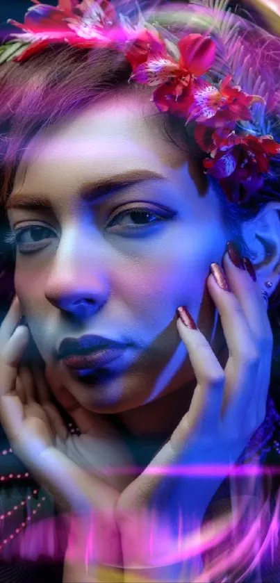 Vibrant portrait wallpaper with floral crown and dynamic colors.