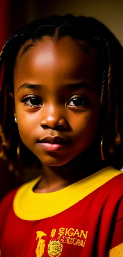 Vibrant portrait of a young girl in crimson tones, ideal for mobile wallpaper.