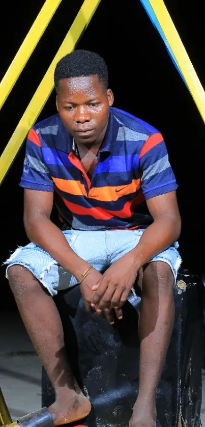 A person sits within a vibrant geometric frame against a dark background.