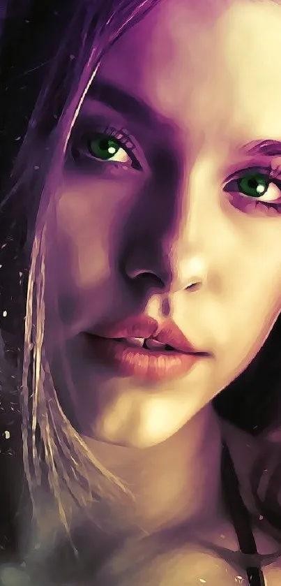 Vibrant portrait wallpaper with striking green eyes and warm purple tones.