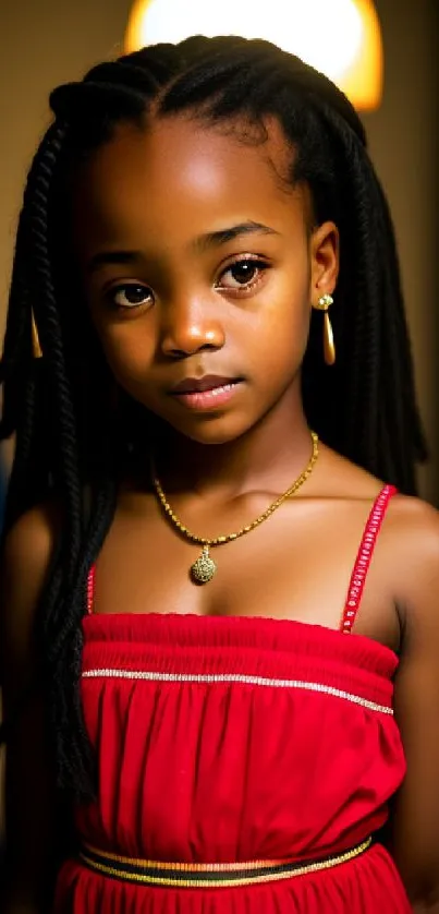 Portrait of a young girl in a red dress with a vibrant background.