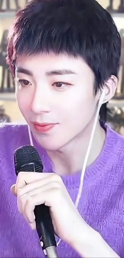 Man in a purple sweater holding a microphone.