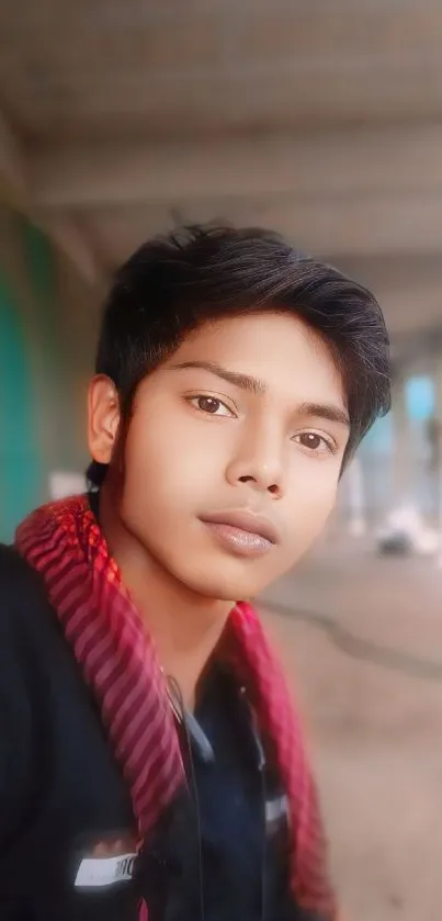 Portrait of a young man with a colorful background, bringing warmth and serenity.