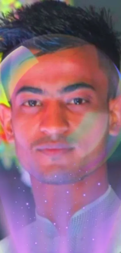 Young man's portrait with a vibrant bubble effect in a colorful design.