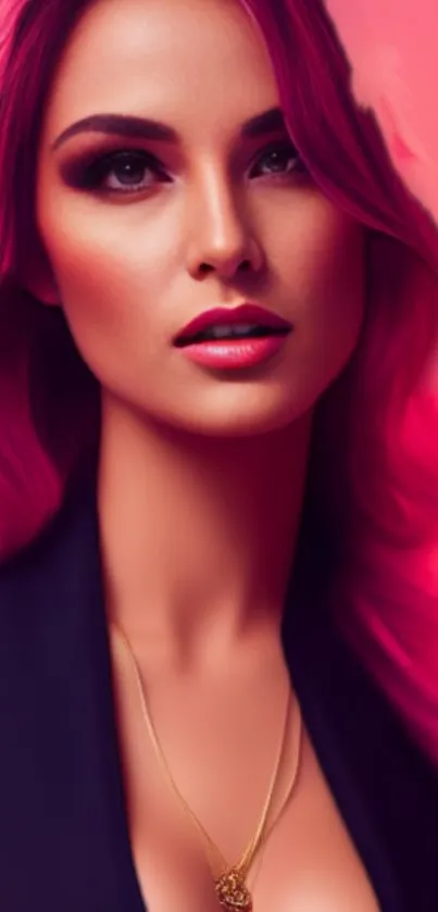 Stylish woman with pink hair in a vibrant artistic wallpaper.