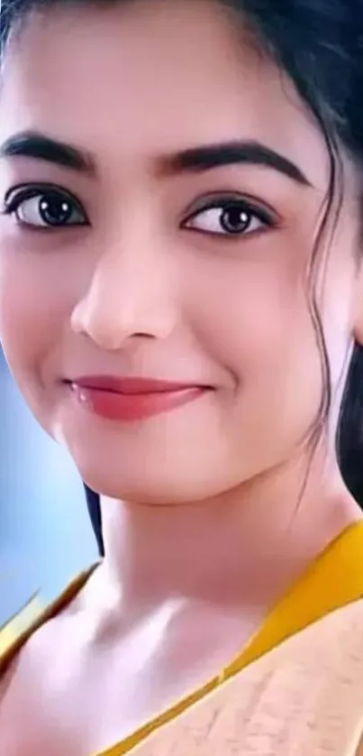 A vibrant portrait of a smiling woman in a blue and yellow setting.