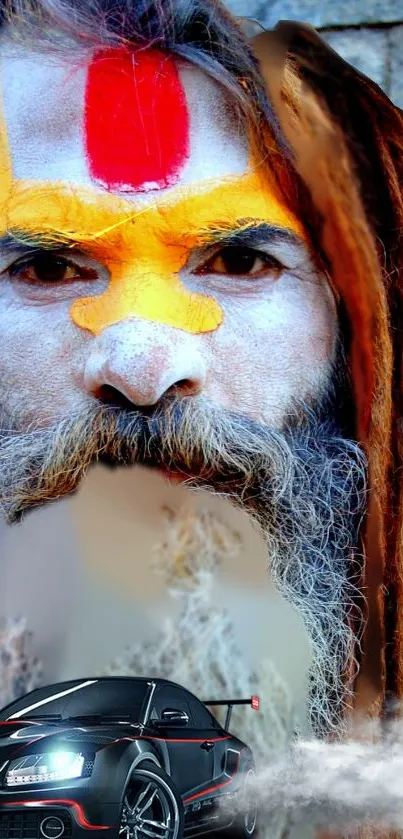 Portrait of a man with colorful face paint and a black sports car.