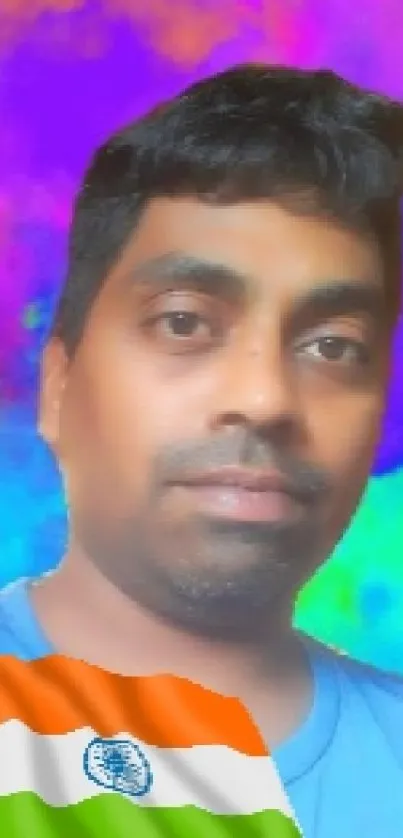 Vibrant portrait with colorful flag overlay and abstract background.