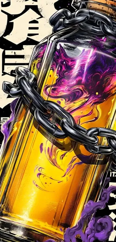 A vibrant fantasy wallpaper featuring a chained swirling potion.