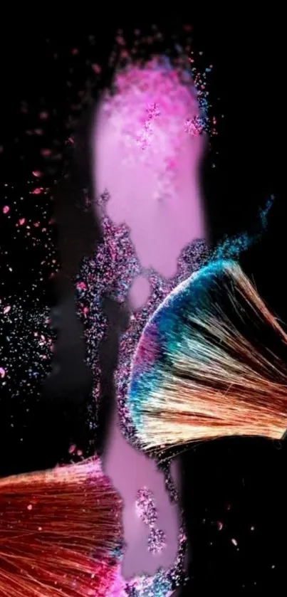 Vibrant artistic wallpaper with powder colors and brushes on a black background.