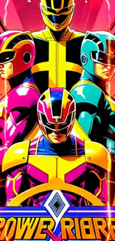 Four colorful superheroes in vibrant suits on a dynamic mobile wallpaper.