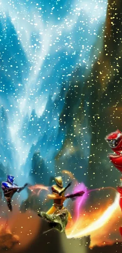 Power Rangers with mystical backdrop and vibrant energy.