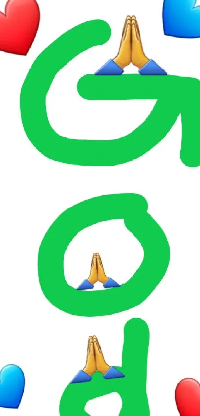 Colorful prayer hands wallpaper with green letters and vibrant hearts.