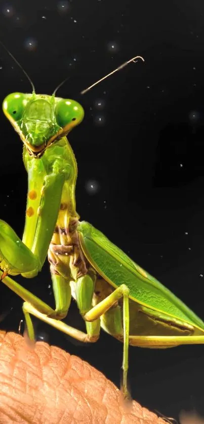 Praying mantis on hand with starry night background.