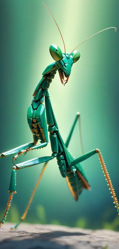 Stylized green praying mantis on vibrant background.