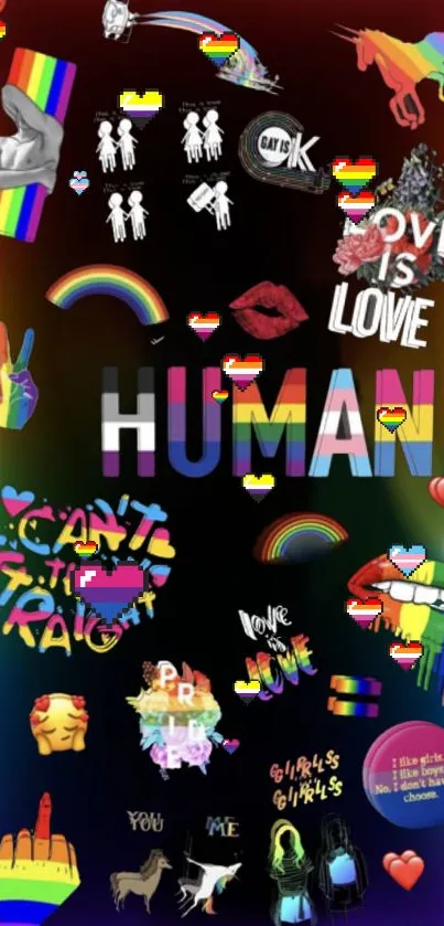 Colorful human pride art with rainbow graphics and love symbols on a black background.