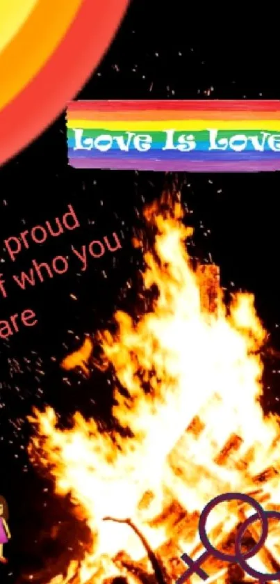 LGBTQ pride bonfire wallpaper with rainbow theme and supportive message.