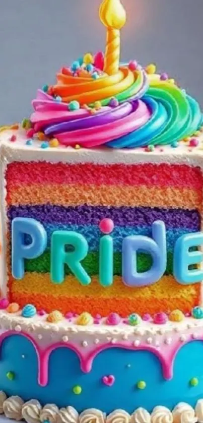 Vibrant cake with rainbow layers and 'Pride' message.