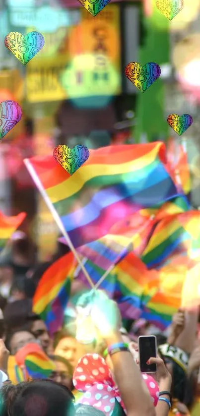 Colorful Pride Parade with Rainbow Flags and Hearts