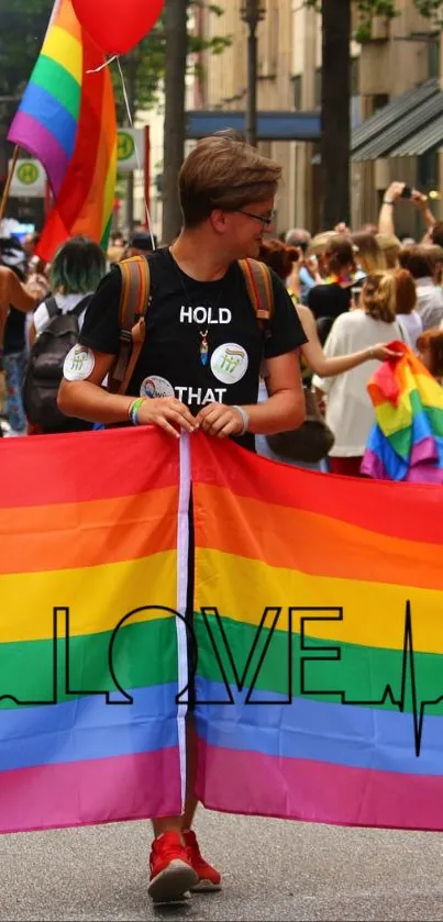 Vibrant Pride parade with colorful flags and participants.