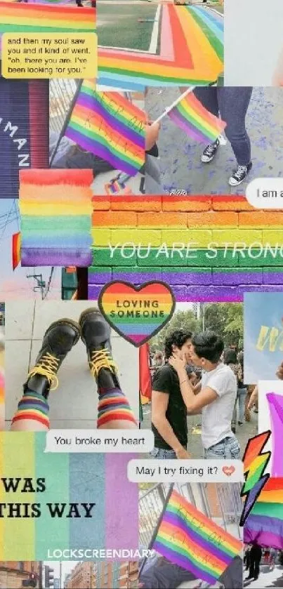 Vibrant pride collage mobile wallpaper with rainbow colors and empowering quotes.