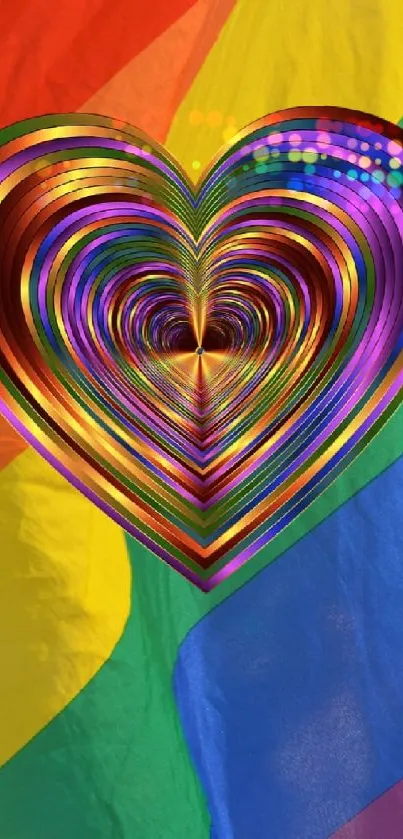 Colorful pride flag wallpaper with rainbow heart design.
