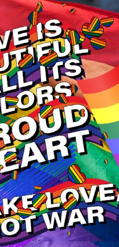 Vibrant Pride flag wallpaper with empowering text and rainbow colors.