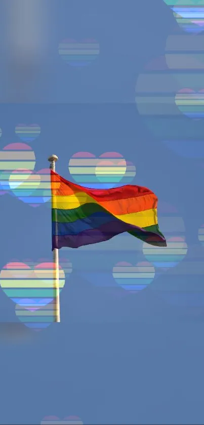 Mobile wallpaper of Pride flag with rainbow hearts on blue sky.