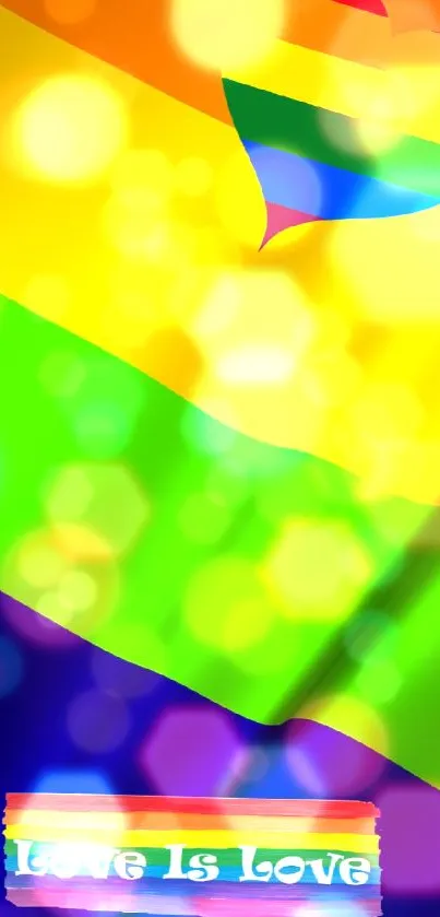 Vibrant pride flag mobile wallpaper featuring rainbow colors and a heart symbol.