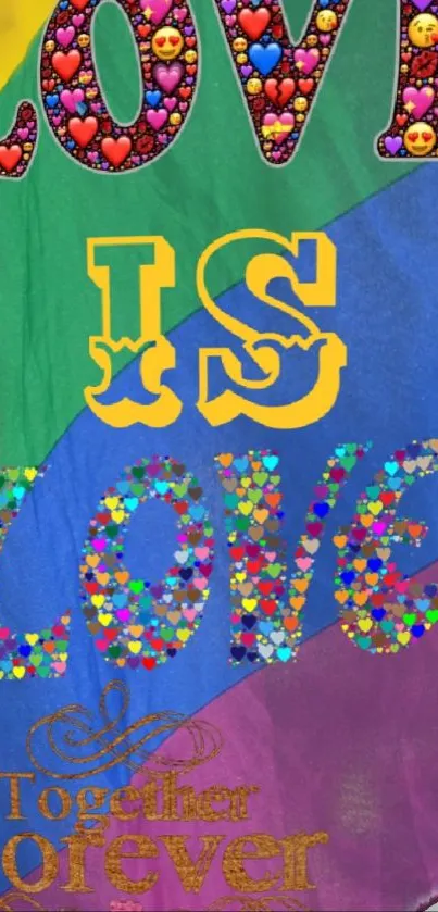 Rainbow pride flag with 'Love Is Love' text.