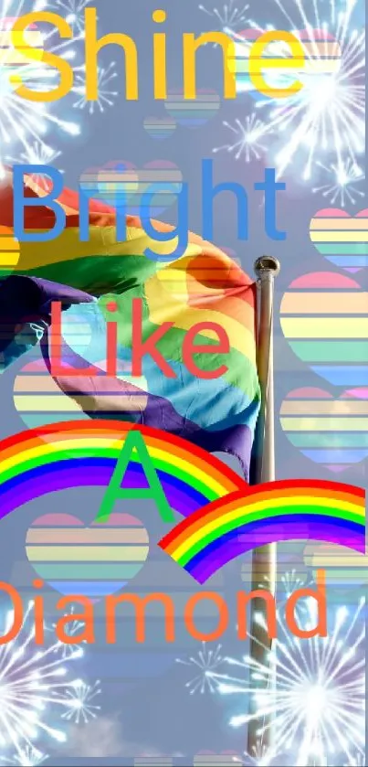 Rainbow flag with inspiring text on a blue sky mobile wallpaper.
