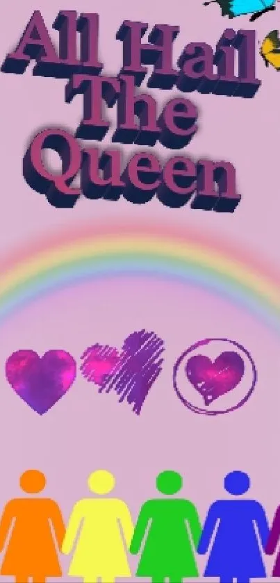 Colorful pride wallpaper with lilac flowers and vibrant icons on a pink background.