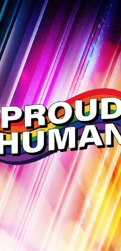 Vibrant rainbow 'Proud Human' wallpaper with colorful stripes.