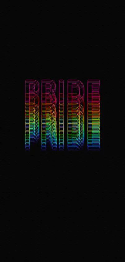 Vibrant rainbow Pride text on black background.