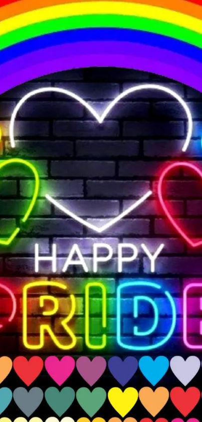 Neon 'Happy Pride' hearts on black background.