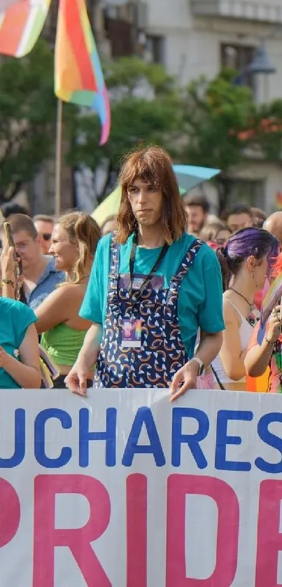 Colorful Bucharest pride parade with flags