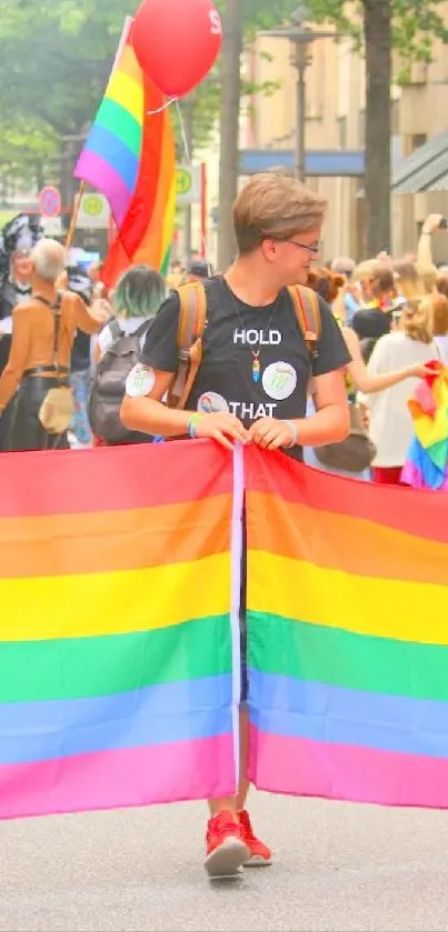Vibrant Pride parade scene with rainbow flag and diverse participants.