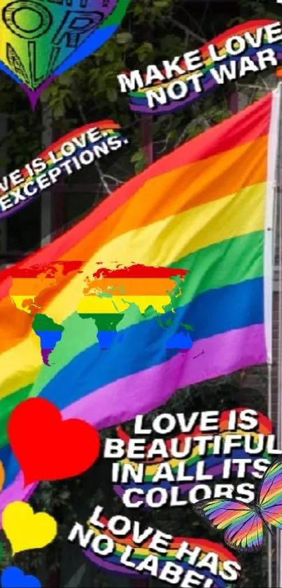 Colorful pride flag with rainbow colors and love messages.