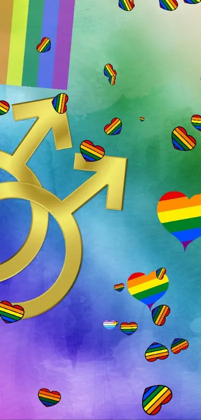 Colorful LGBTQ wallpaper with rainbow hearts and gold Mars symbols.