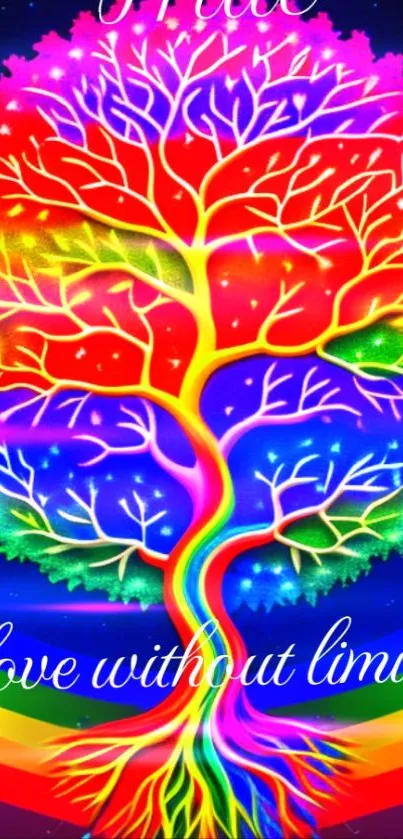 Vibrant tree with rainbow colors and 'love without limits' text.