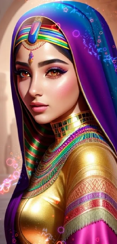 Fantasy artwork of a bejeweled princess in vibrant royal attire.