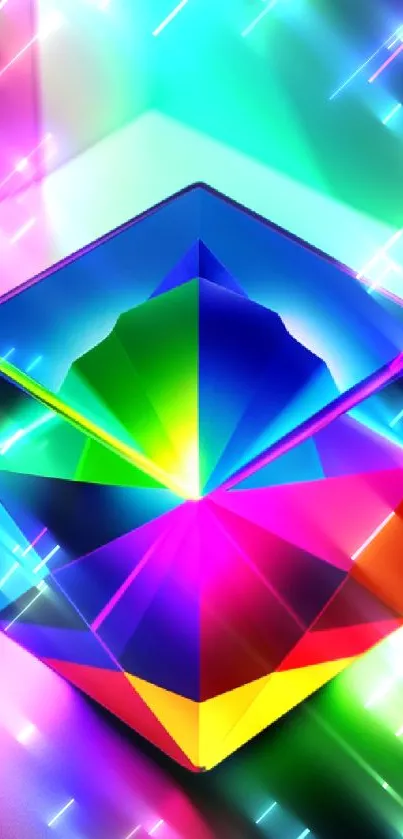 Vibrant prism art with neon colors and geometric crystal design.