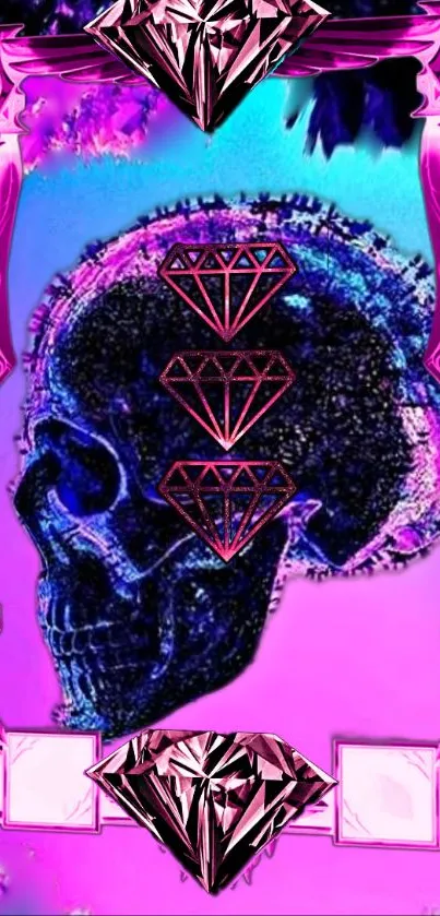 Vibrant prism-style skull with neon diamonds on a magenta background.