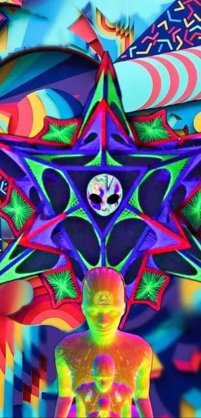 Vivid psychedelic alien-themed wallpaper with surreal design elements.