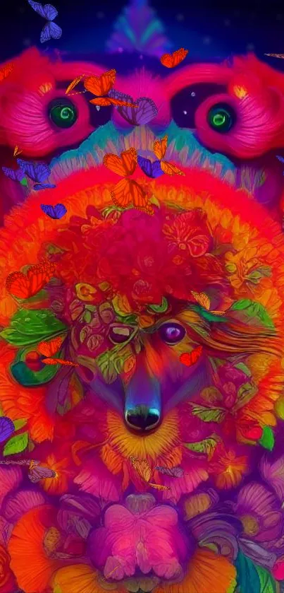 Psychedelic animal in vibrant, colorful design with surreal elements.