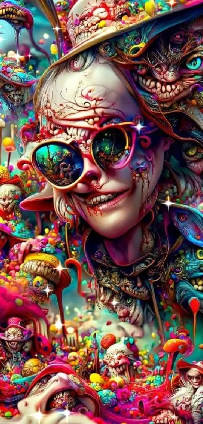 Vibrant psychedelic art wallpaper with surreal, colorful characters.